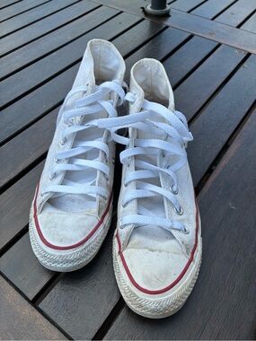 Converse All Star White Canvas High-Top Sneakers with Red Trim